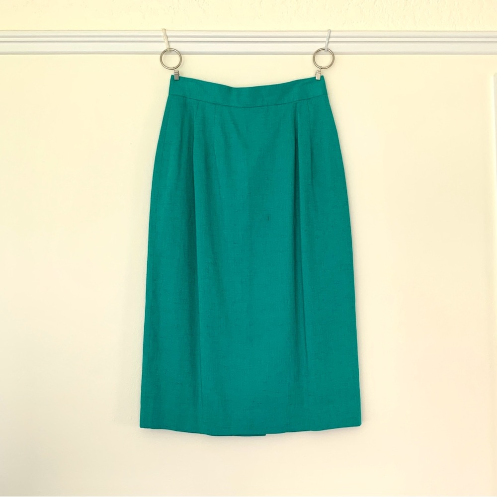 1980s 1990s teal blue green linen blend pencil skirt